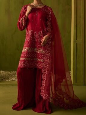 Dhanak Deep Pinkish Red Embroidered Three-Piece Suit